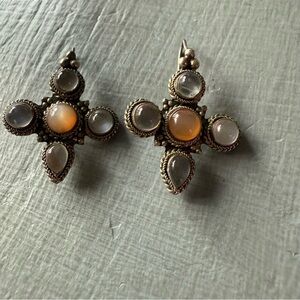 Vintage Boho Earrings 925 Sterling Silver Cross Moonstone  Dangle Earrings
